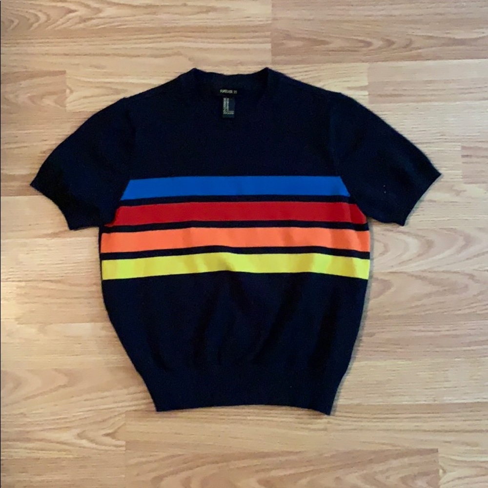 Dark blue tee with color stripes